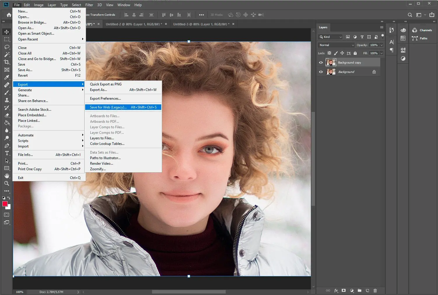 Adobe Photoshop. Elegir guardar para web..